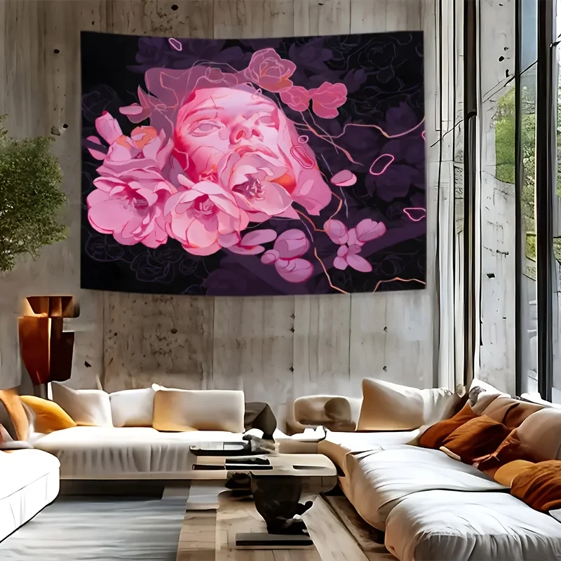 Handcrafted Tapestry Featuring a Dreamy Face with Pink Flowers, Soft Lighting, and Gentle Breeze for Romantic Home Decor