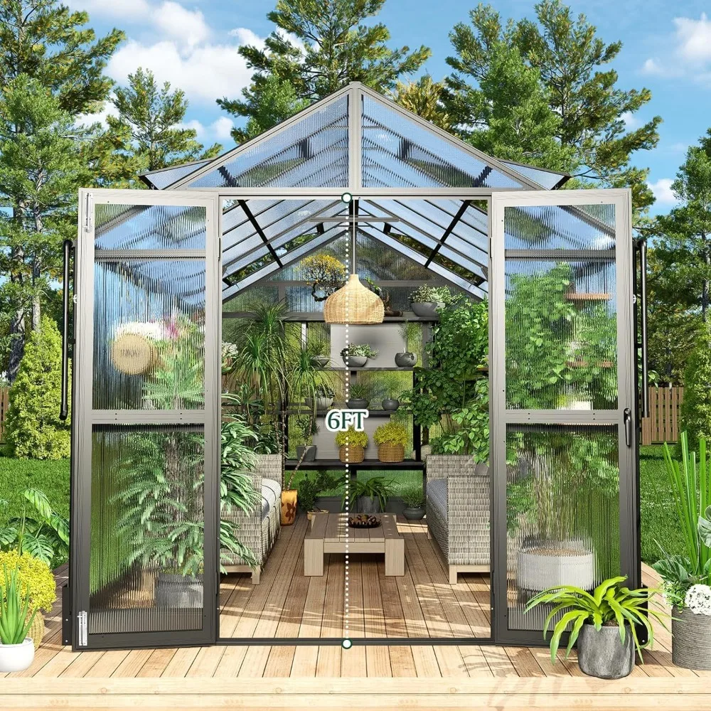 8x16x7.5 FT Polycarbonate Greenhouse Double Swing Doors 4 Vents 5.2FT Added Wall Height, Walk-in Large Aluminum.