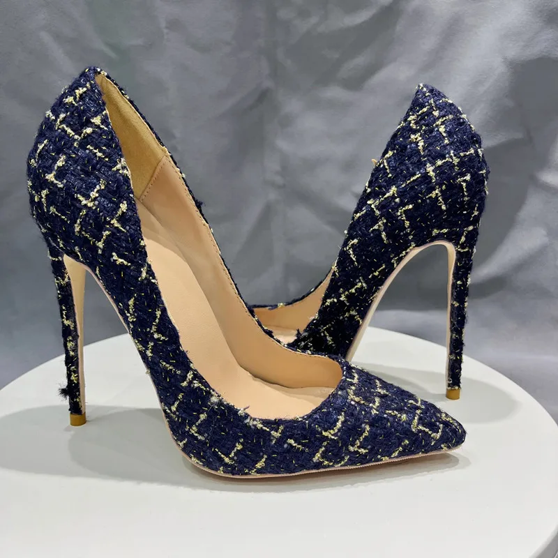 Tikicup Navy Blue Plaid Pattern Women Pointy Toe High Heel Shoes Elegant Ladies Chic Stiletto Pumps Customize 8cm 10cm 12cm