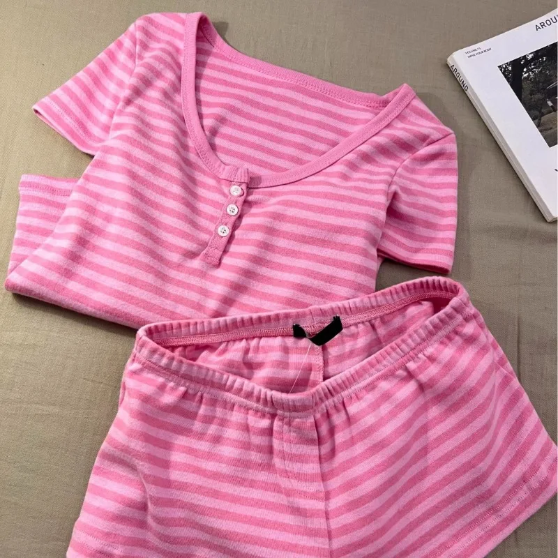 Korean-Style Pink Striped Short-Sleeve and Shorts Pajama Set for Women, Summer, Can Be Worn Outside, Two-Piece Loungewear