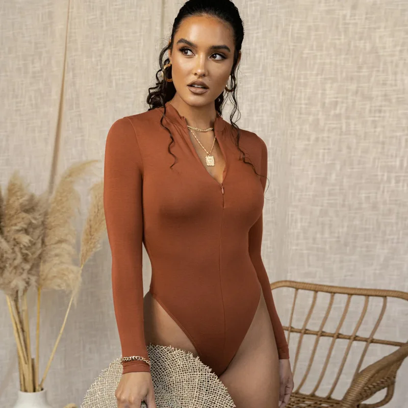 

Solid Zipper Bodycon Bodysuits Women Sexy Mock Neck Autumn Long Sleeve Fashion Slim Basic Body Winter Gray Outfits Lady
