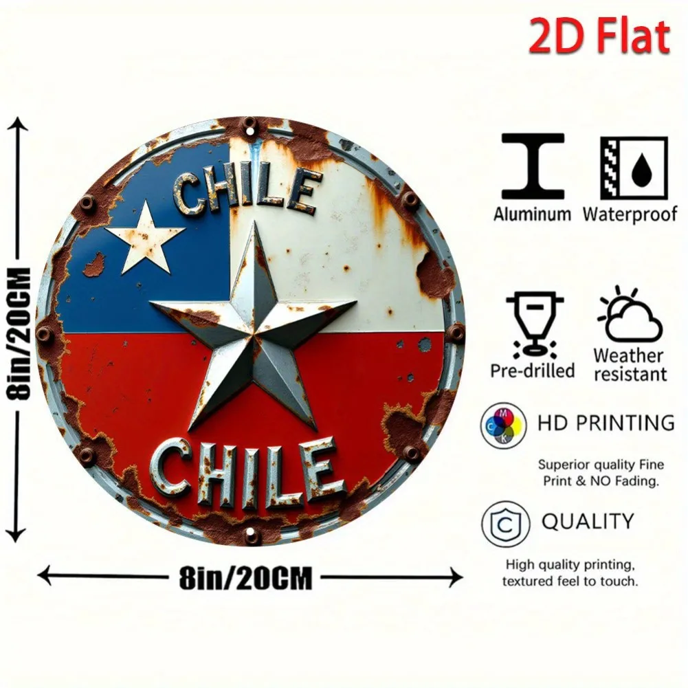 2D Flat - 8-Inch Round Chile Flag Aluminum Sign, Wall Hanging Decorative Plaque, Multipurpose 2D Flat Metal Art for Home, Garden