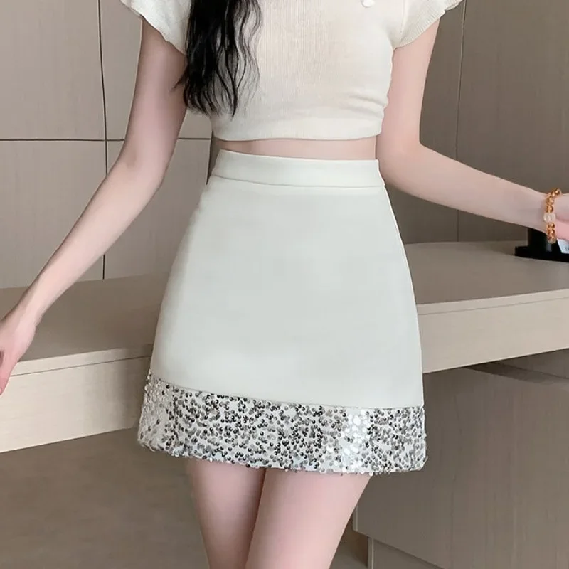 Obcisłe spódniczki damskie z wysokim stanem, czarne, patchworkowe, cekinowe, kopertowe, w stylu koreańskim, modna odzież uliczna, lato 2025, tanie spódniczki damskie.