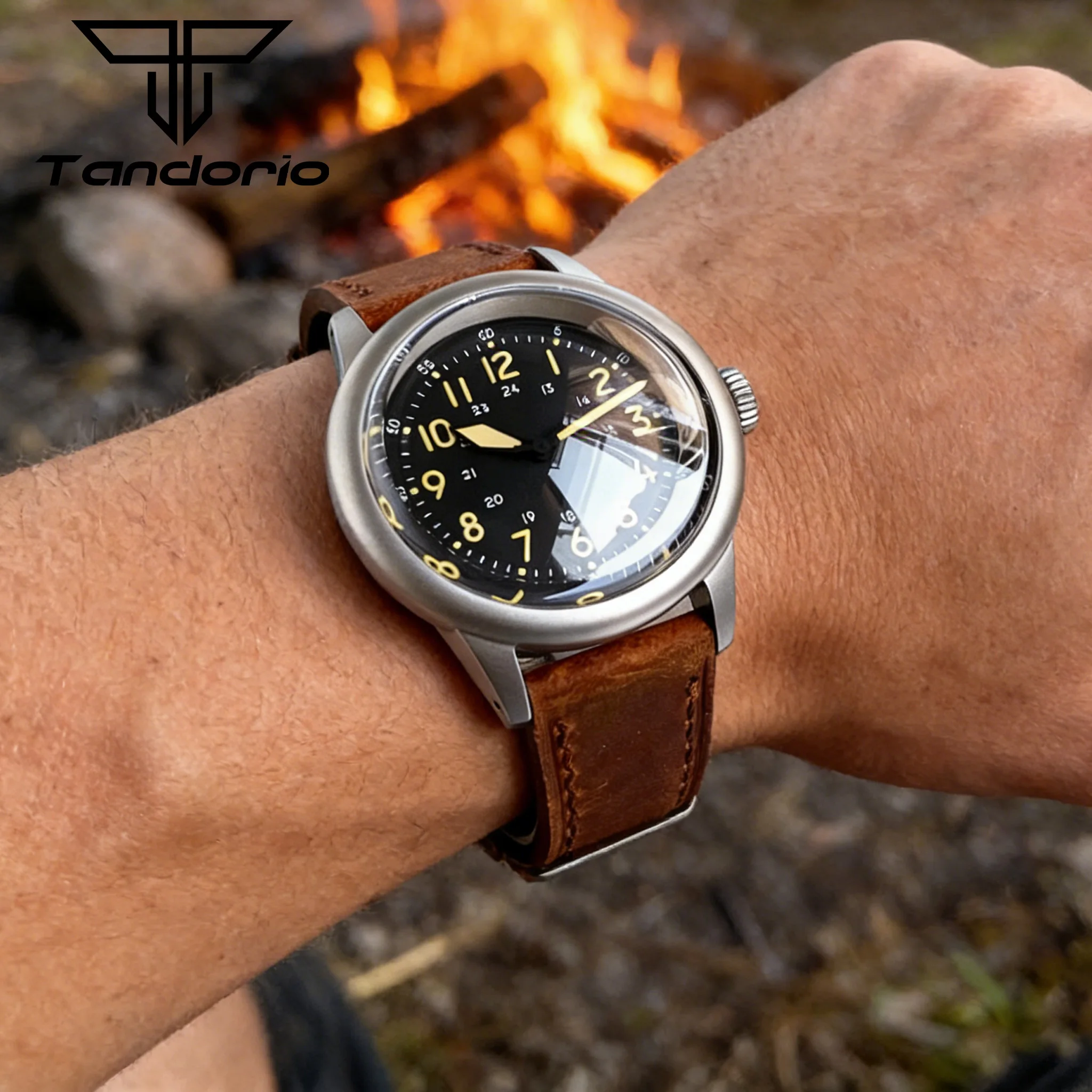 36mm Vintage Watch Luminous Marks Movement black dial Automatic Mechanical Wristwatch Sapphire Bubble Dome glass Leather Band
