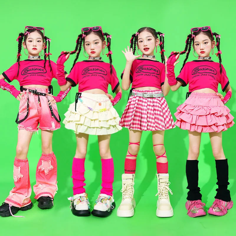 Mädchen Schöne Street Hip Hop Crop Top Silber Tiered Röcke Kind Gedruckt T-shirt Kleidung Sets Kinder Street Dance Jazz Kostüme
