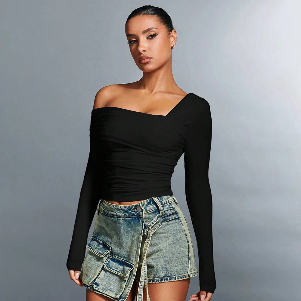 Sexy of Sve T-shirt 2024 Winter Uniek Design Vierkante Kraag Dik Gebreid Damesmode Grensoverschrijdende Kleding