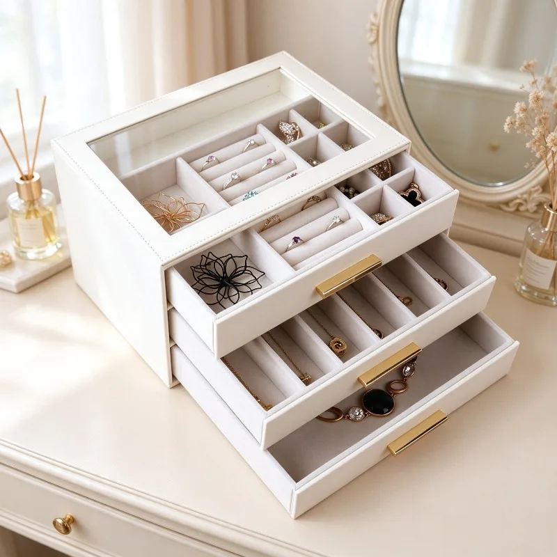 3-Layer Drawer Glass Top Jewelry Box, Necklace Earring Organizer Case, Elegant Gold Storage Chest, Luxury Trinket Holder