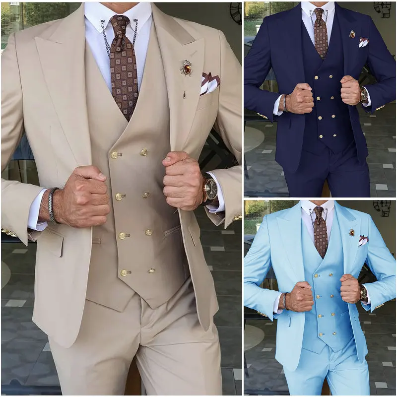 

Latest Design Beige Costume Homme Mariage Formal Fashion Slim Fit Suits For Men 3 Piece Groom Wedding Suit Tuxedos