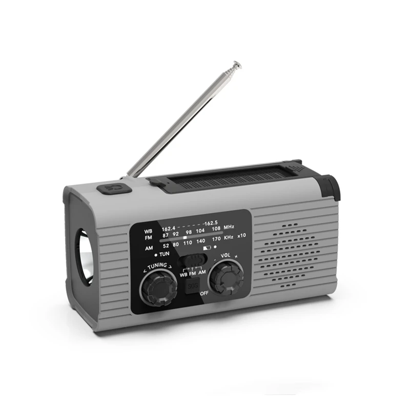 New Emergency Weather Radio, 4000MAh Weather Alert Radio Solar Charging, Hand Crank & USB Charged, AM/FM Radio - Gray