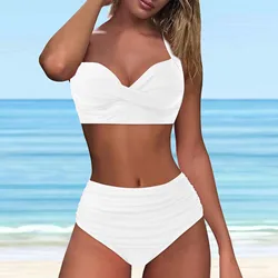 Retro Twist Women Swimsuit Solid Color High Waist Two-Piece Swimwear Halter Bikinis Sets Ruched Beachwear Biquinis Feminino