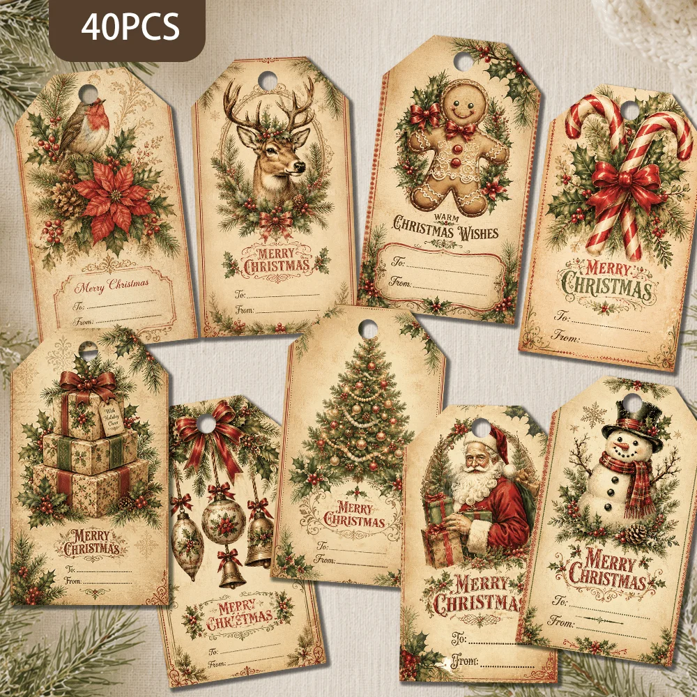 40pcs Vintage Nostalgic Christmas Decorative Tags, Holiday Gift Labels, Party Decorations, Handmade Packaging Accents, Jute Rope