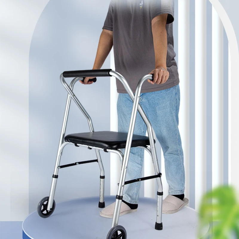 

Rehabilitated Hand Push Sitable Booster Four-legged Cane Non-slip Stable Walking Stick Light Portable Fold Trolley Walker