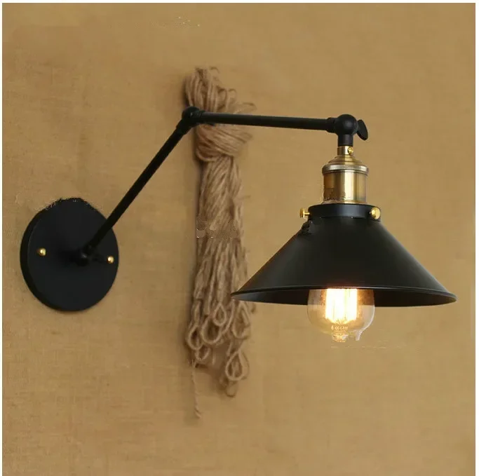 

American Country Style Simple Black Dress Retro Personality Long Arm LOFT Iron Black Wall Lamp