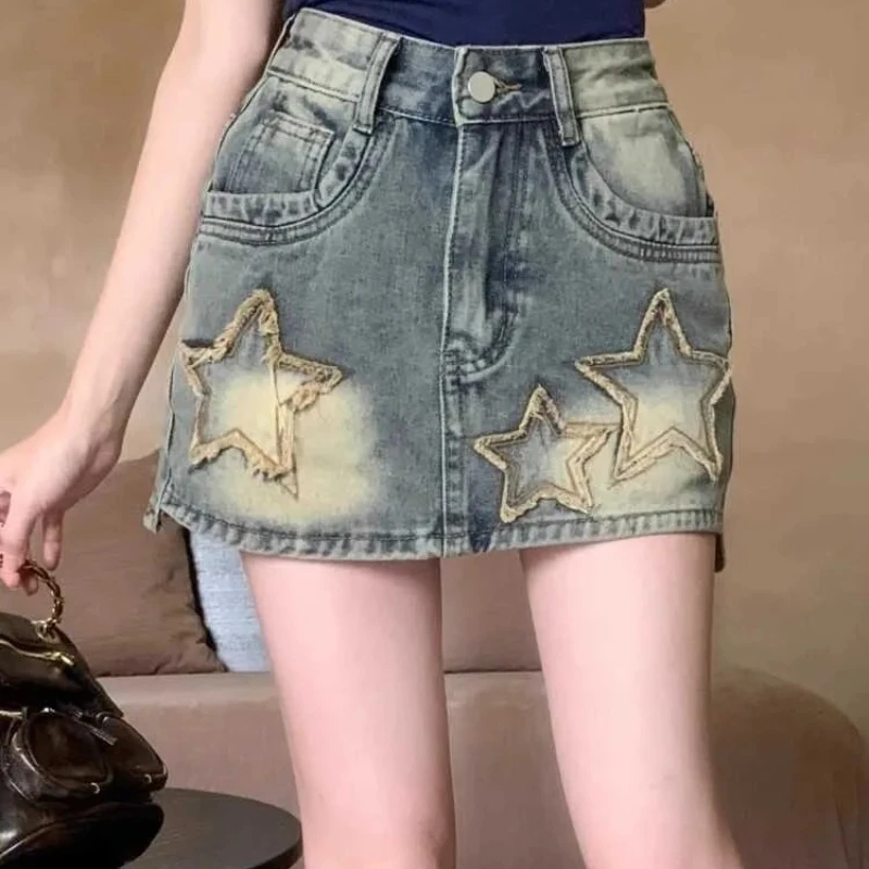 Amerikaanse Retro Vijfpuntige Ster Geborduurde Rokken Zomer Nieuwe Denim Korte Rok Forr Vrouwen Y2k Hoge Taille Bodycon Faldas Mujer