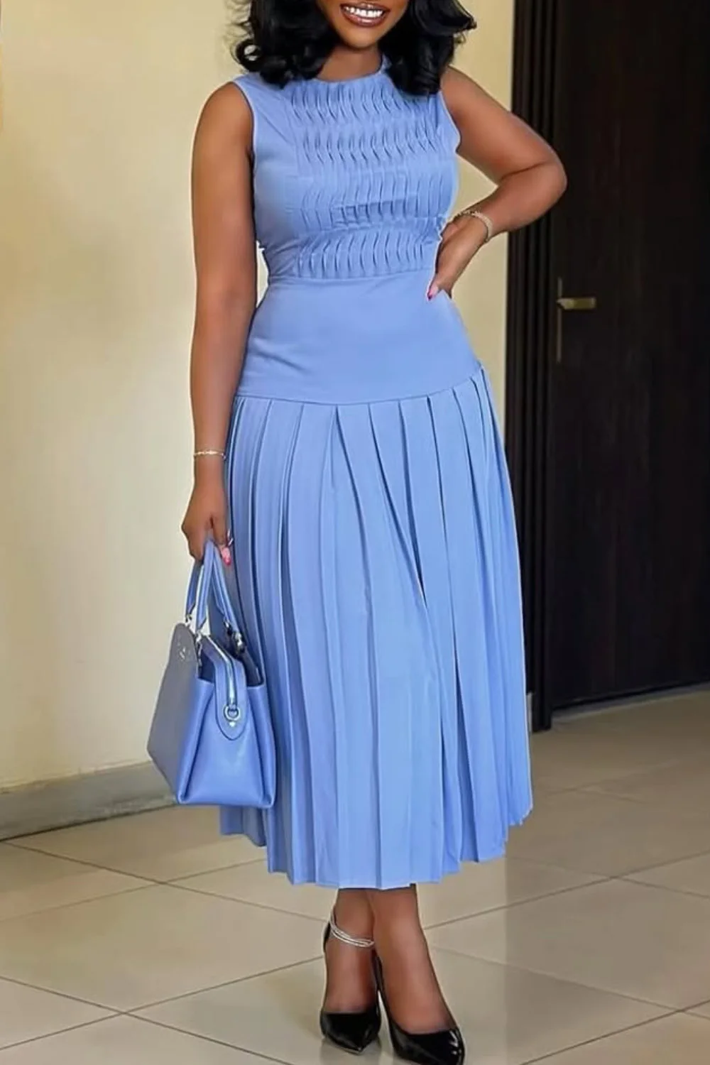 

Plus Size Business Casual Blue Elegant Round Neck Fold Pleated Midi Dresses
