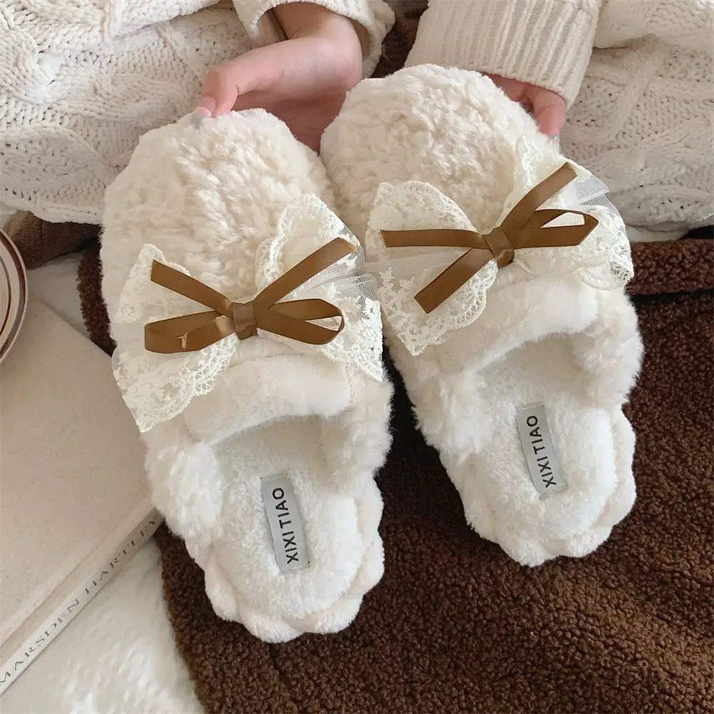 Winter Warm Fur Slippers for Women Cute Bow House Non Slip Soft Shoes Comfort Flat Heel Home Indoor Bedroom Plush Cotton Slides