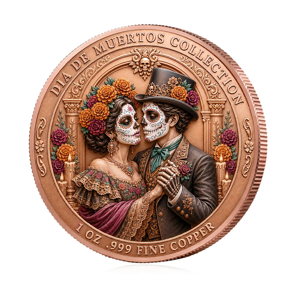 Dia De Muertos Series Copper Coins 1oz Pure Copper High Relief Sugar Skull  Xolo Dog Medal Collectors Halloween Souvenir Coin