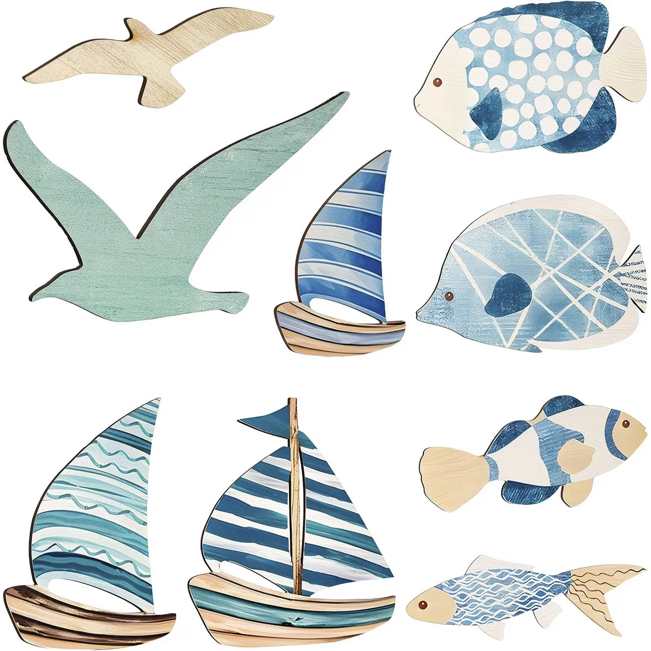 Décoration murale en bois 9 pièces, thème tropical : poissons, mouettes, voiliers, accents nautiques pour la maison