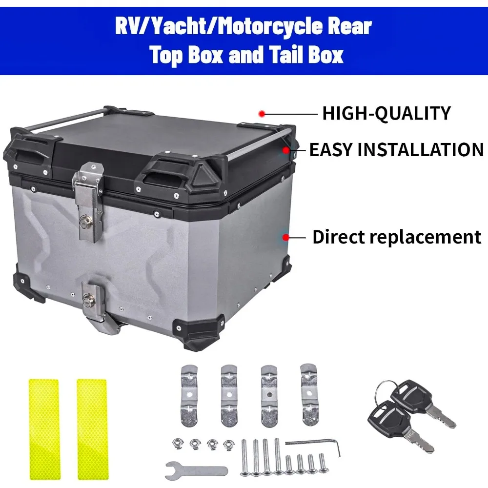 55L topkoffer voor motorfietsen, aluminium/camper/yacht/motorfiets achtertopbox en staartbox voor bagage/helm/gereedschap opslag waterdicht zilver
