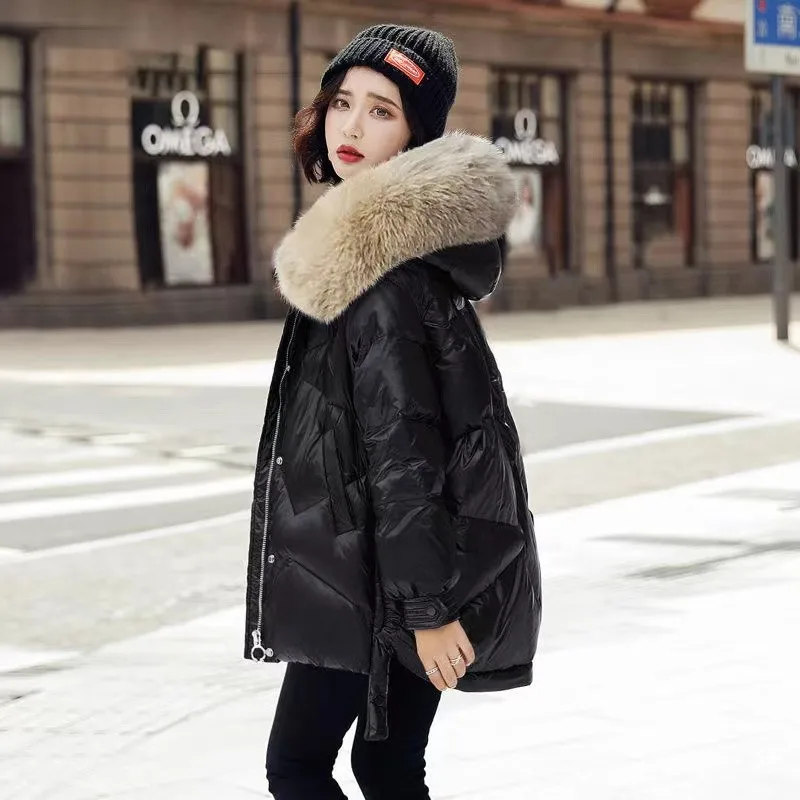 Down Cotton Jacket For Women Glossy Cotton Jacket New Winter Thicken Jacket Parka Hooded Fur collar coat