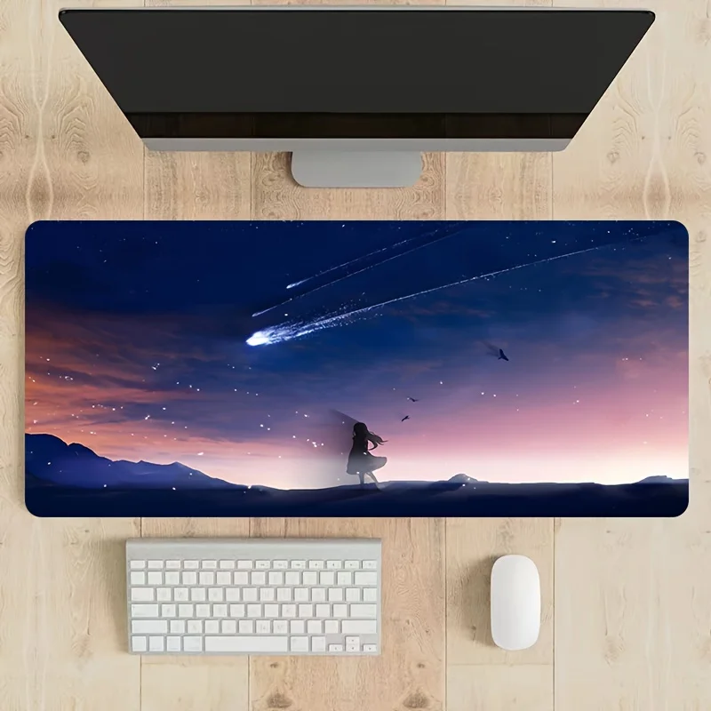 Anime Girl Silhouette & Meteor Gaming Mouse Pad, Large Non-Slip Desk Mat with Dreamy Sunset Sky for Gamers & Home Office