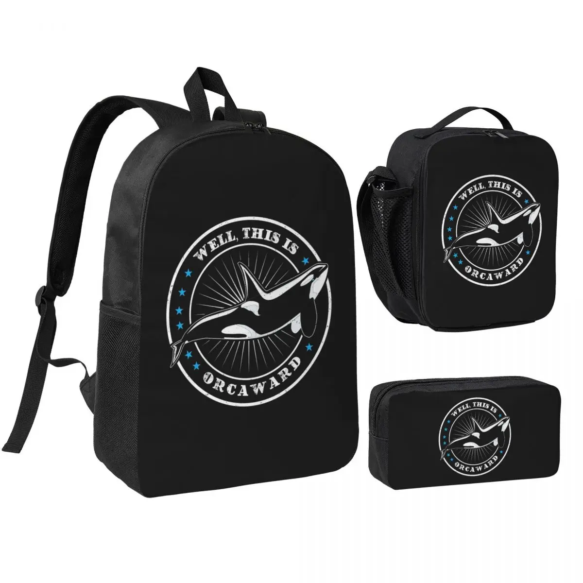 

Well This Is Orcaward Orca Whale Sea Predatory Fish Backpack BookBag School Bag Shoulder Bag 3ps Insulated Lunch Bag Pencil Case