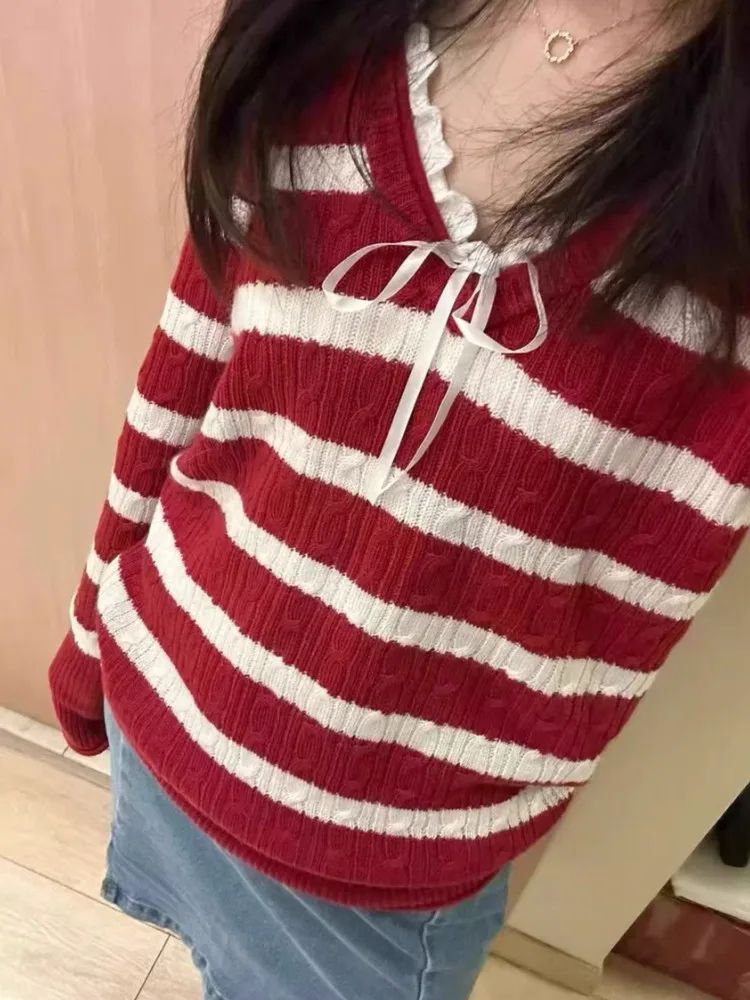 Casual Women Red Striped Knit Sweaters 2023 Fall Retro V Neck Long Sleeves Pullovers Female Loose Knitwears