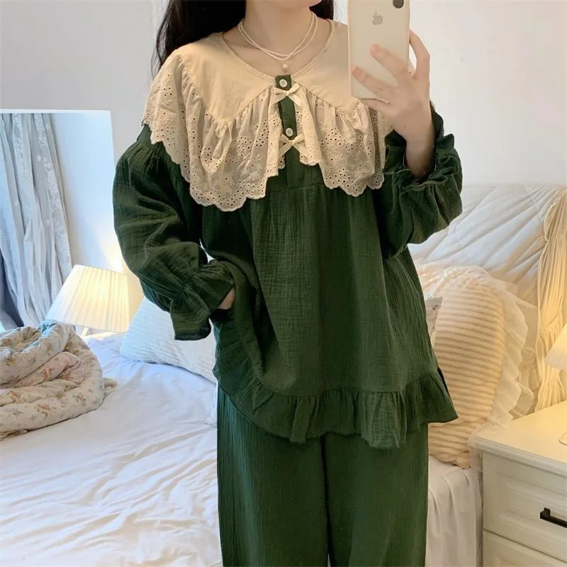 Pyjama en coton à manches longues avec col beurre vert, vêtements de nuit en dentelle, ensemble de chemise de nuit grande taille, vêtements de