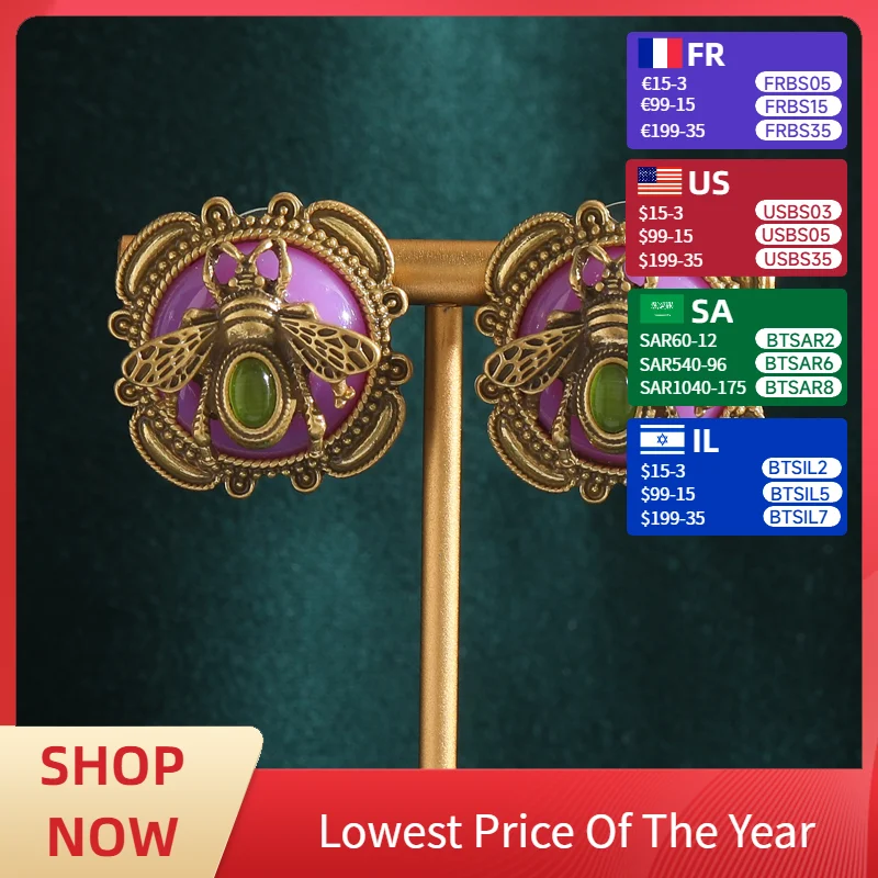 

Vintage Antique Gold Color Bee Earrings Woman Stud Natural Stone Square Luxury Designer Accessories For Jewelry Fashion 2025