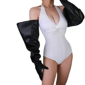 Gants longs à écran tactile pour hommes et femmes, manchette large, manches lanterne, manches bouffantes, cuir émulation, 70cm, WPUpara