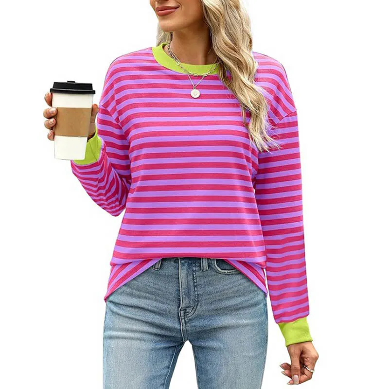 

Spring Autumn Women's Round Neck Long Sleeve Color Block Loose Striped T-shirt Pullover Top