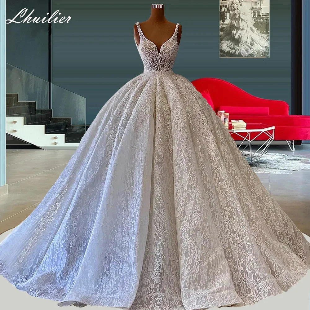 Lhuilier Ball Gown V Neck Lace Wedding Dresses Floor Length Beaded Sleeveless See Through Bridal Gowns with Chapel Train