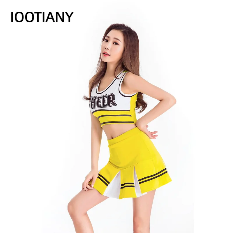 

Yellow Sexy High School Cheerleader Costume Cheer Girls Uniform Party Outfit Women Fancy Dress