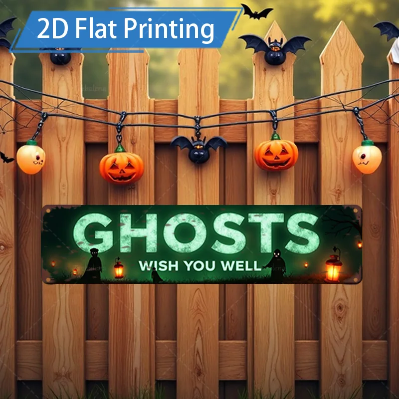 

1 шт. металлический знак, 4x16 дюймов, знак призраков на Хэллоуин: «Призраки желают вас хорошо» — декор жуткой тыквы и летучей мыши