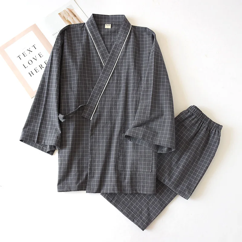 Japanese-style kimono, cotton gauze, spring and autumn men\'s plaid nightgown two-piece home service yukata lace-up pajama set