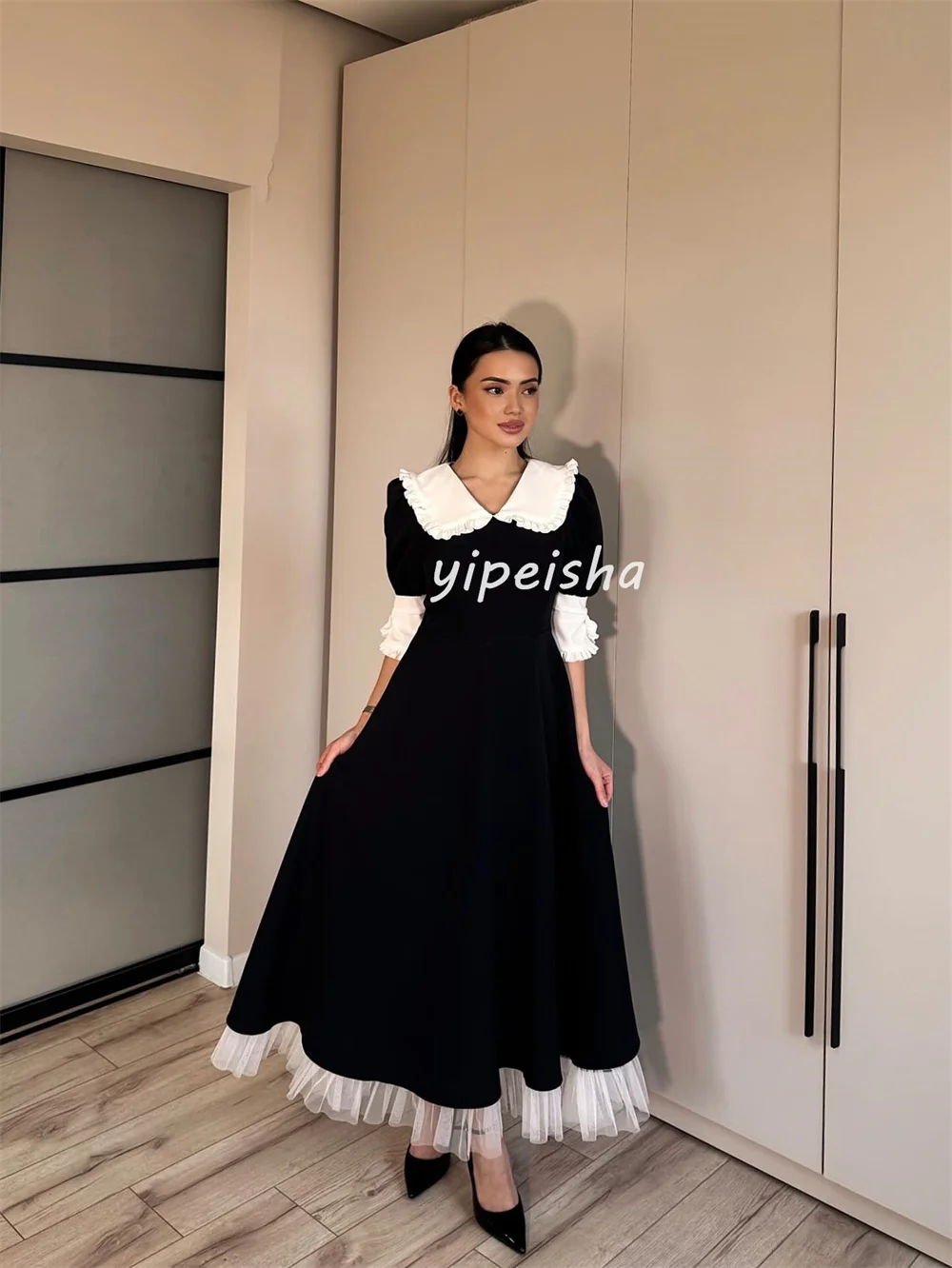 Customized Modern Style High Quality Jersey Pleat Tiered A-line V-neck Midi Dresses Bespoke Occasion Dresses Sizes Available