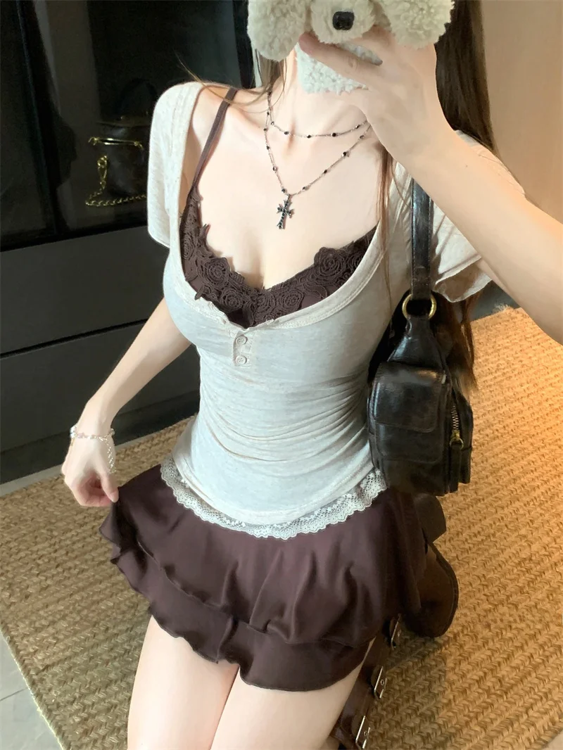 

Korean Sle Pure Desire Lace Splice T-irt Women's Sexy Summer Bm Waist-Cinching Strap Dr ort Sve Two-Piece Set Top