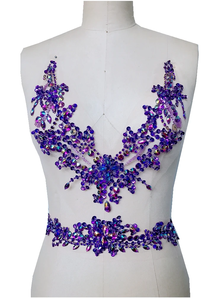 

Purple handmade 31*36cm crystal sequins patches sew on rhinestones applique trim dress accessory