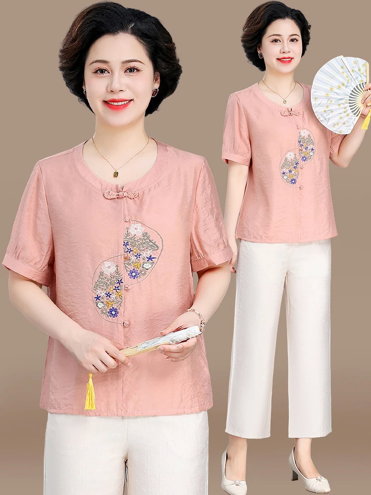 

Новый китайский хлопково-льняной комплект: летняя футболка с коротким рукавом и свободные брюки для женщин среднего возраста, модный комплект из двух предметов с круглым вырезом