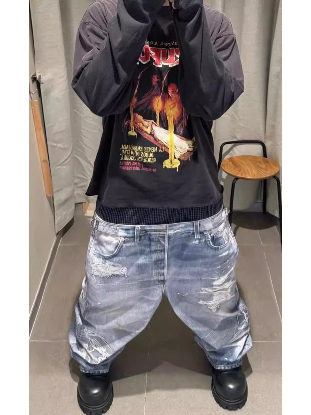 

Men's Casual Loose Straight Leg Jeans Digital Print Faux Double Waist Hole Punching Printed Comfortable Fit Casual Trousers