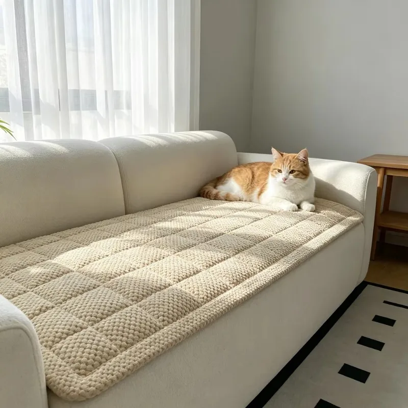 Pineapple Grid Corduroy Thick Sofa Seat Pad, Winter Warm Plush Quilted Non-Slip Soft Couch Cushion Cover Living Room Decor