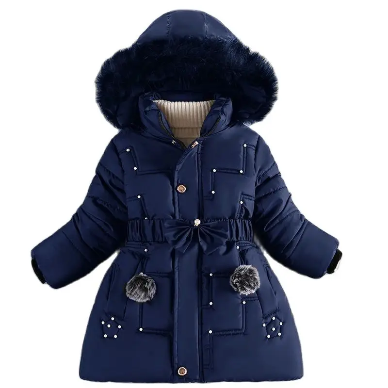 Girls Fur Collar Hooded Down Jacket Kid Zipper Thick Beaded Coat Children Puffer Ball DecorateWinter Outdoor Casual Clothes New