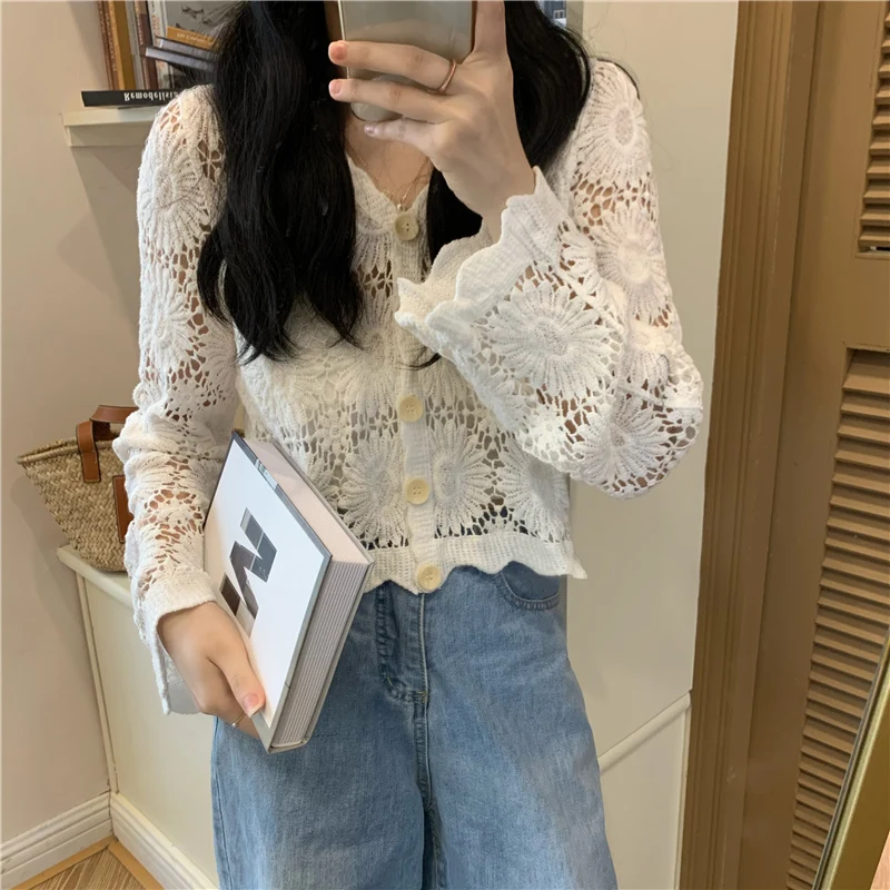 FANIECES Women Summer Cardigan Shirts blusa feminina camisas Hollow Out Embroidery Shirt Blouse Long Sleeve Mesh Design Tops