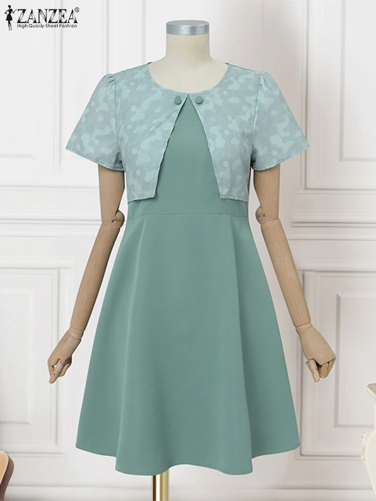 Vintage Printed Dress Women Short Sleeve Midi Sundress Elegant OL Work Vestidos ZANZEA 2025 A-Line Casual Robe Fake 2PCS