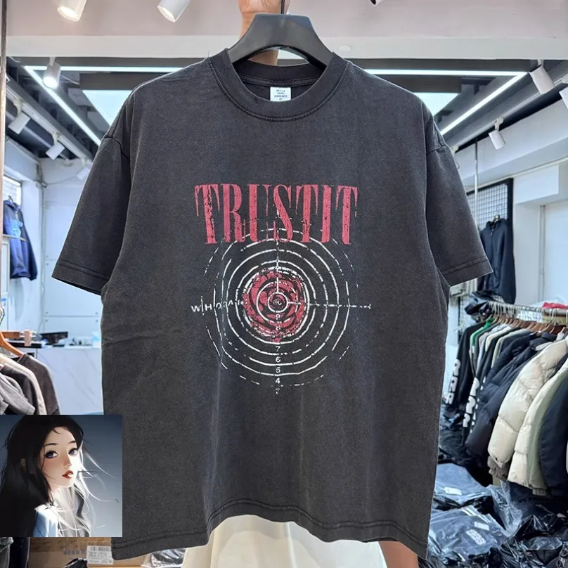 T-shirt con stampa Trustit Shoot Bullseye lavato allentato nero manica corta uomo donna T-shirt in cotone pesante streetwear retrò nero