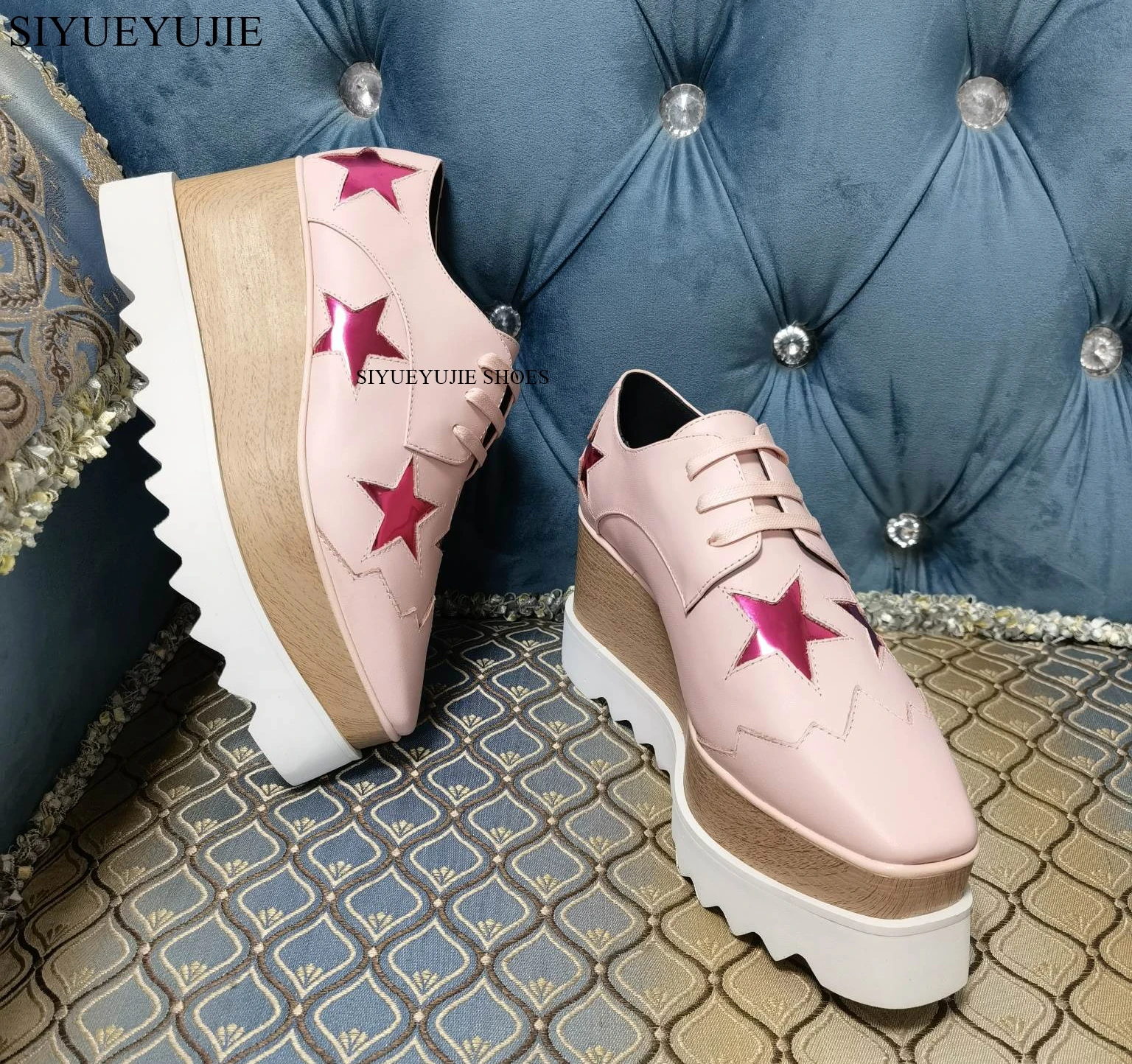 Stars Loafer Shoes Women Square Toe lace-up Thick Bottom Platform Wedge Shoes For Women Causal sneakers Real Leather Shoes 2024