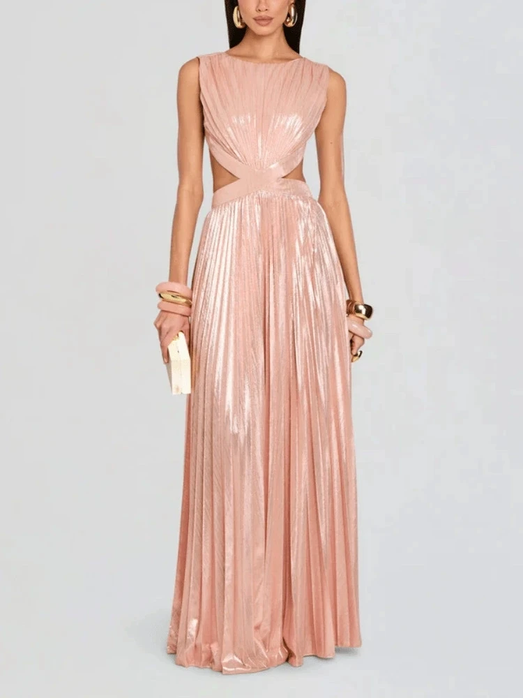 Vestido de noite elegante sem mangas plissado vestido de estampagem a quente com cintura elástica e vestido de saia longa sem costas