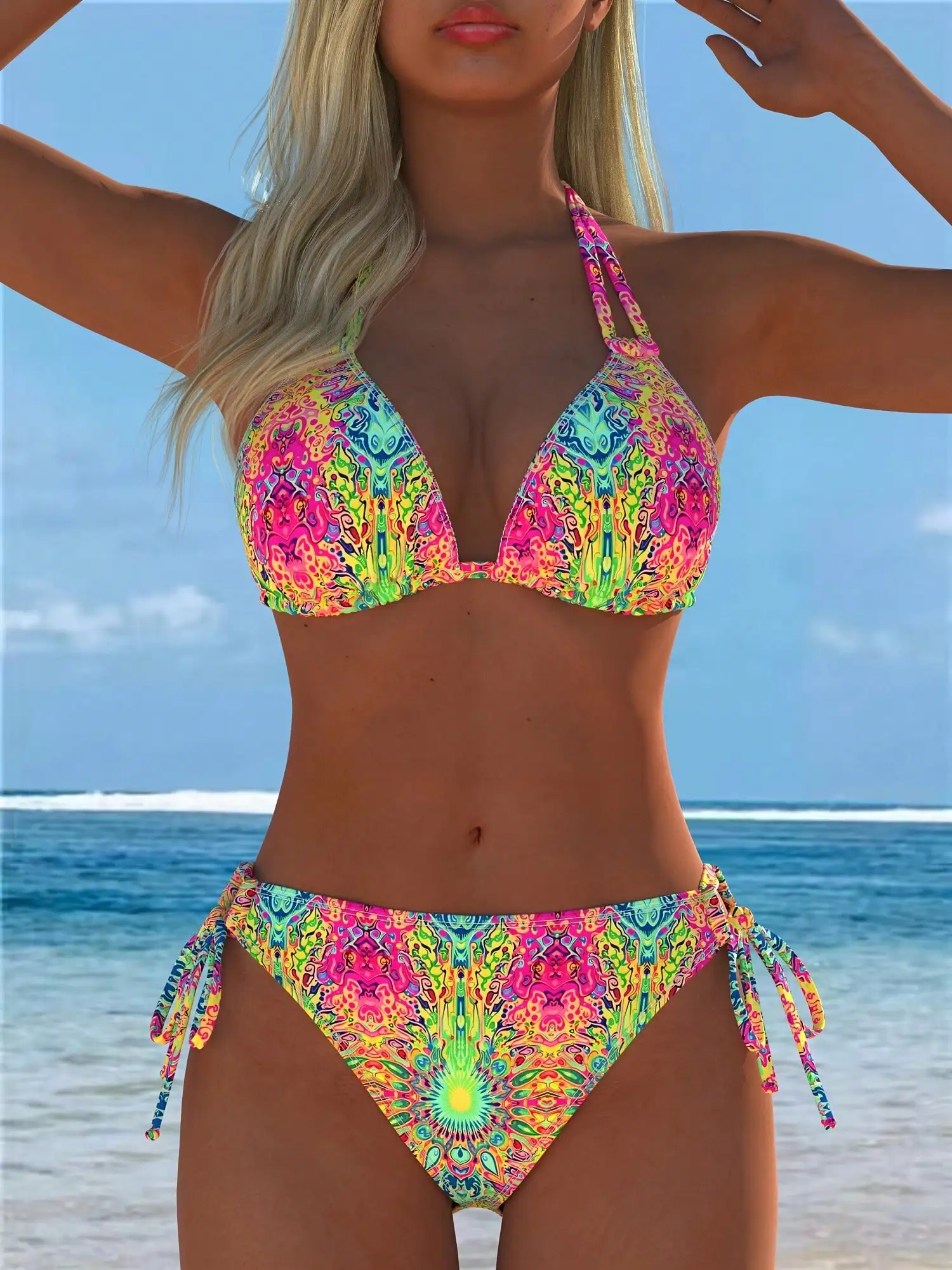 2026 New Women Two-Piece Bikini Set, Random Print Patchwork Halter Design, Adjustable Double Shoulder Straps, Side Tie Detail Swimwear, Beach Vacation Pool Outfits