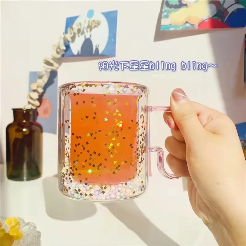 Bubble Starry Sky Cup Sequin Double Layer with Handle High Temperature Resistant Glass Coffee Milk Cup Couple Hand Gift