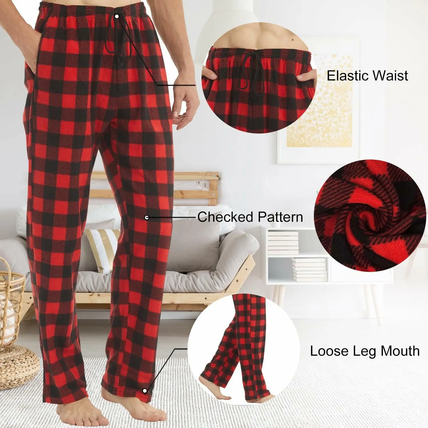 Men's Pajama Pants Flannel Plaid Lounge Pants Fleece Warm Comfy Pj Bottoms Winter Sleepwear with Drawstring Pockets M-2XL